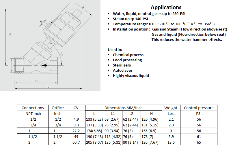 Angle Seat Valves S.S. Actuator (NPT)